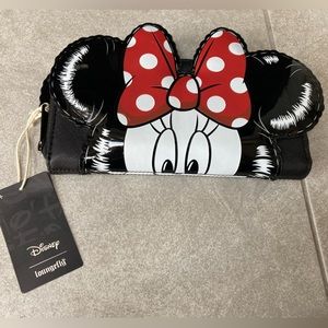 NWT Disney Loungefly Minnie Mouse and Mickey Mouse black balloon wallet clutch